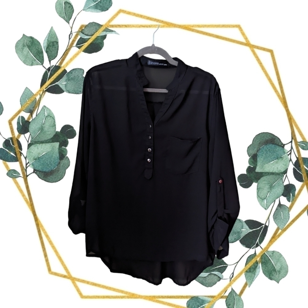 "xxxl" PTP 22.5 - Zanzea | Semi-sheer Black V-neck Henley 3/4 Sleeve Blouse